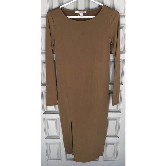 Forever 21 Sheath Dress SzM Tan Spandex Long Sleeves Slit Side Midi Pre-Owned - Picture 9 of 10